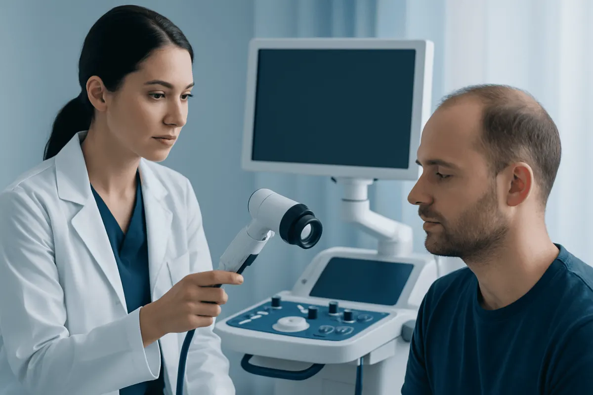 Doctor examining a patient with ultrasound device in a medical clinic.