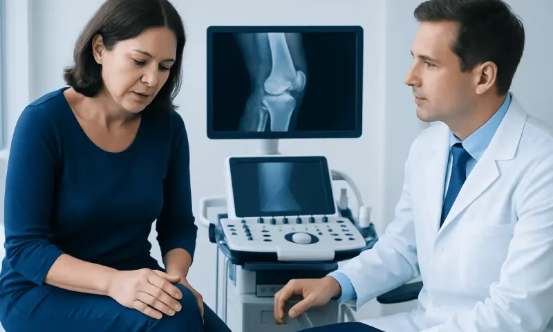 Doctor explaining knee X-ray to patient in a medical consultation room.