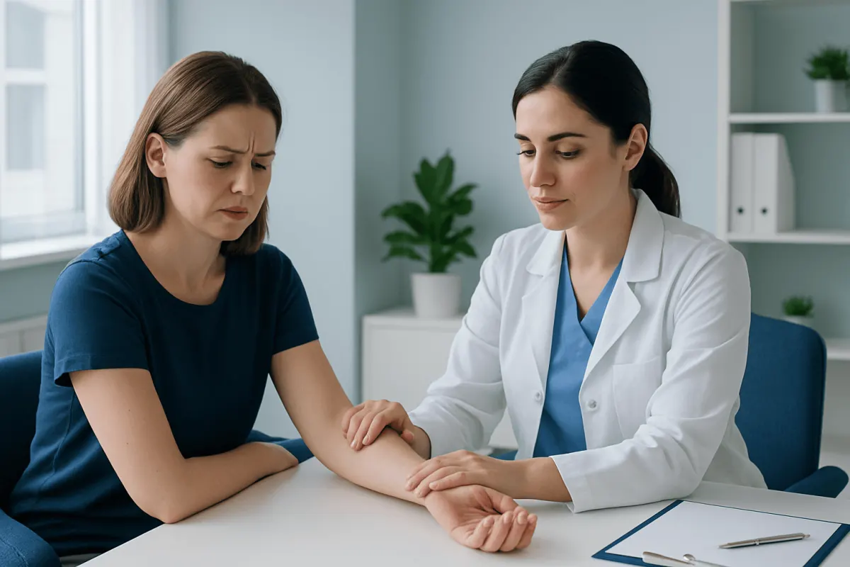 Doctor examining patient's arm in a medical consultation room.