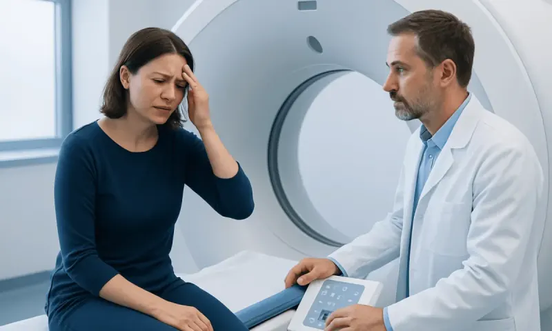 Woman experiencing headache during MRI scan at Acibadem Hospital.