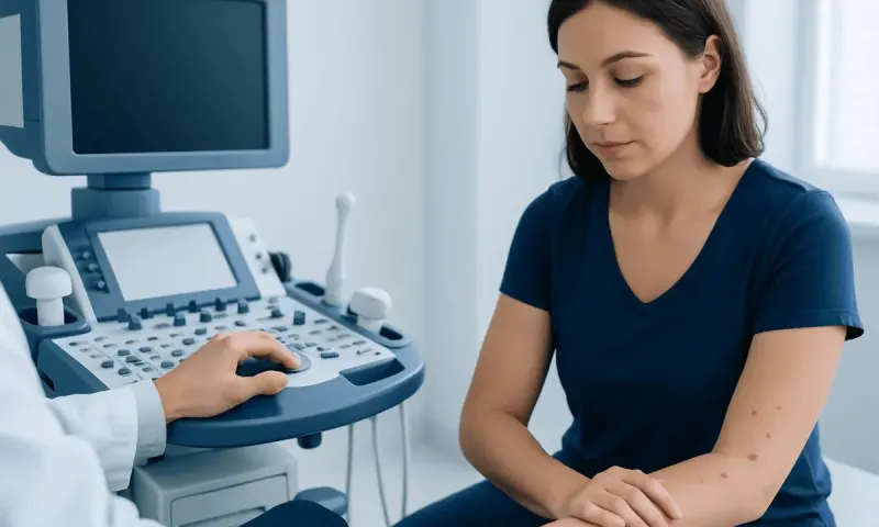 Young woman with skin bumps during medical consultation at hospital.