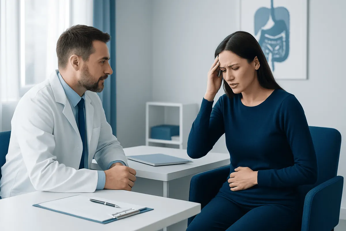 Doctor consulting a woman with headache in a medical office.