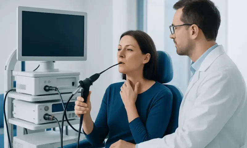 ENT doctor performs laryngoscopy on patient in clinic.