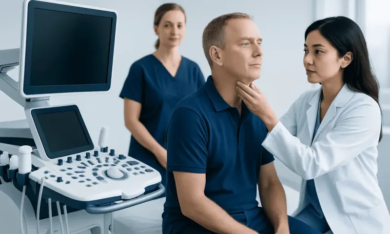 Doctor examines patient during a medical consultation at Acibadem Hospital.