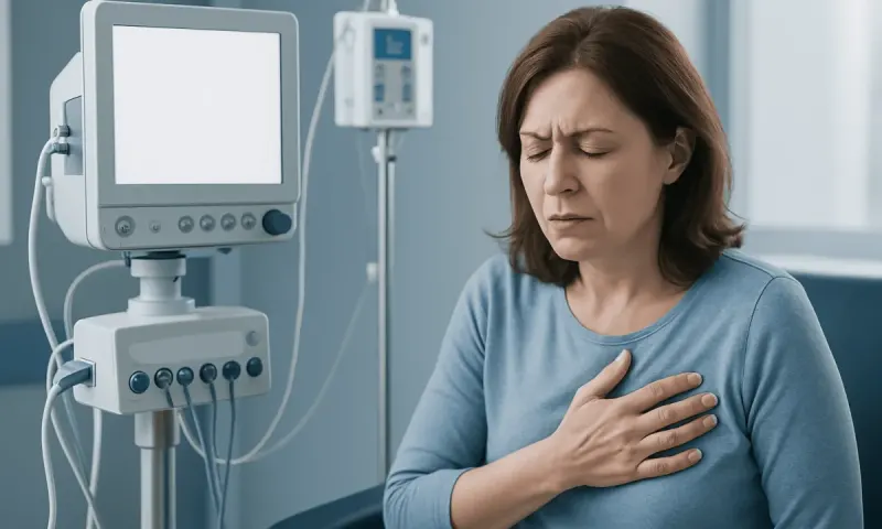 Woman experiencing chest pain in hospital room with medical monitors.