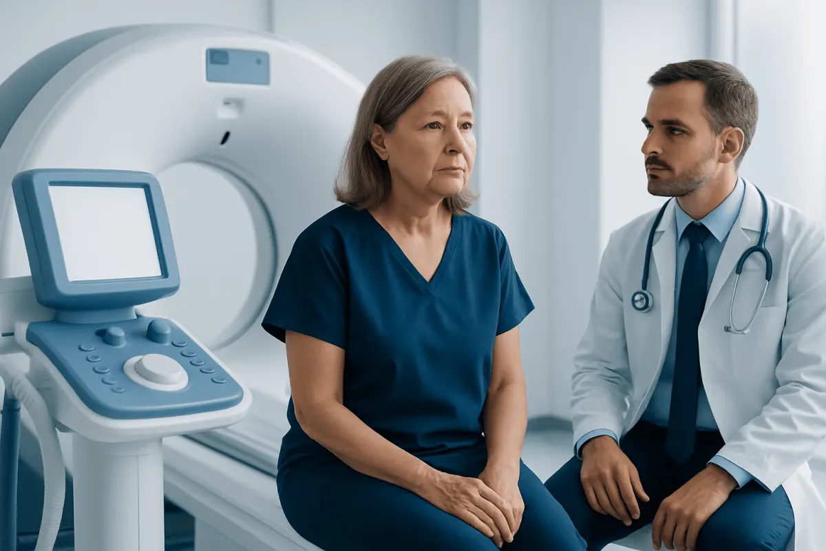 Doctor explaining medical scan results to an older female patient in a hospital.
