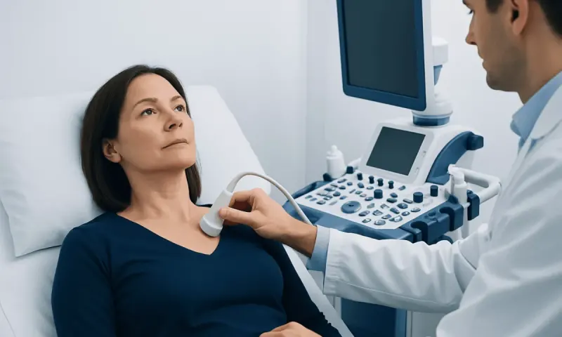 Doctor performs thyroid ultrasound on a female patient in a clinical setting.