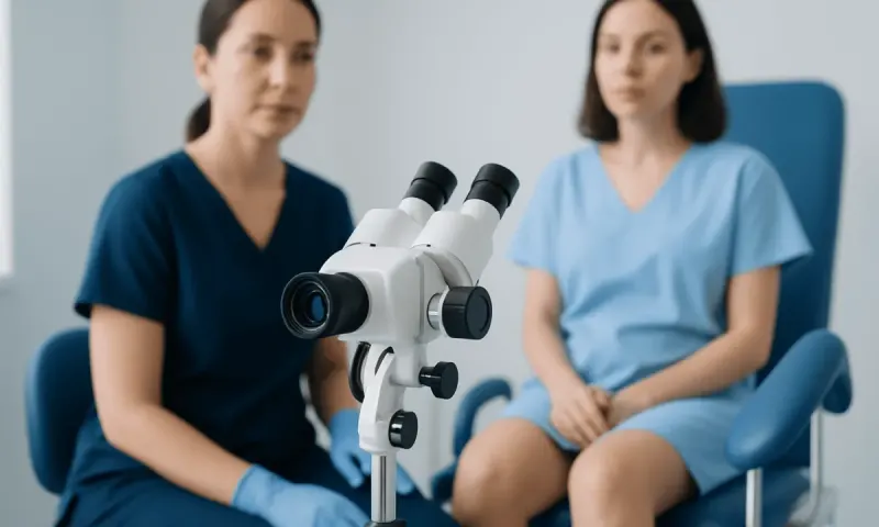Two women in medical scrubs with a microscope in a clinical setting.