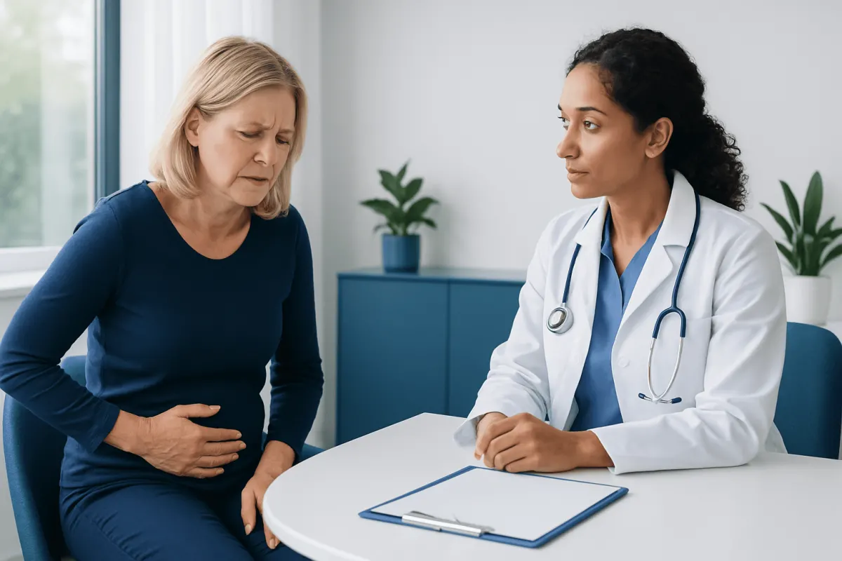 Doctor consulting with a patient about urinary health issues in a clinic.