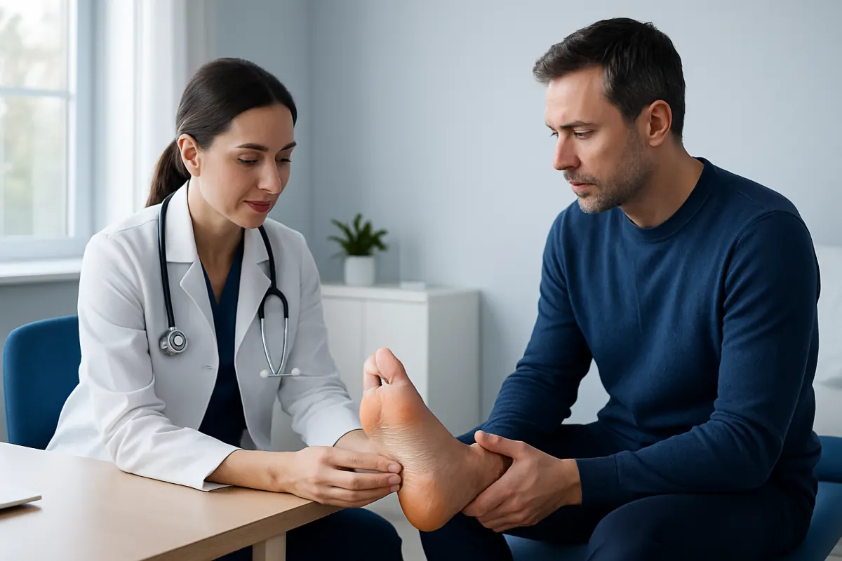 Doctor examining patient's foot for calluses or skin issues.