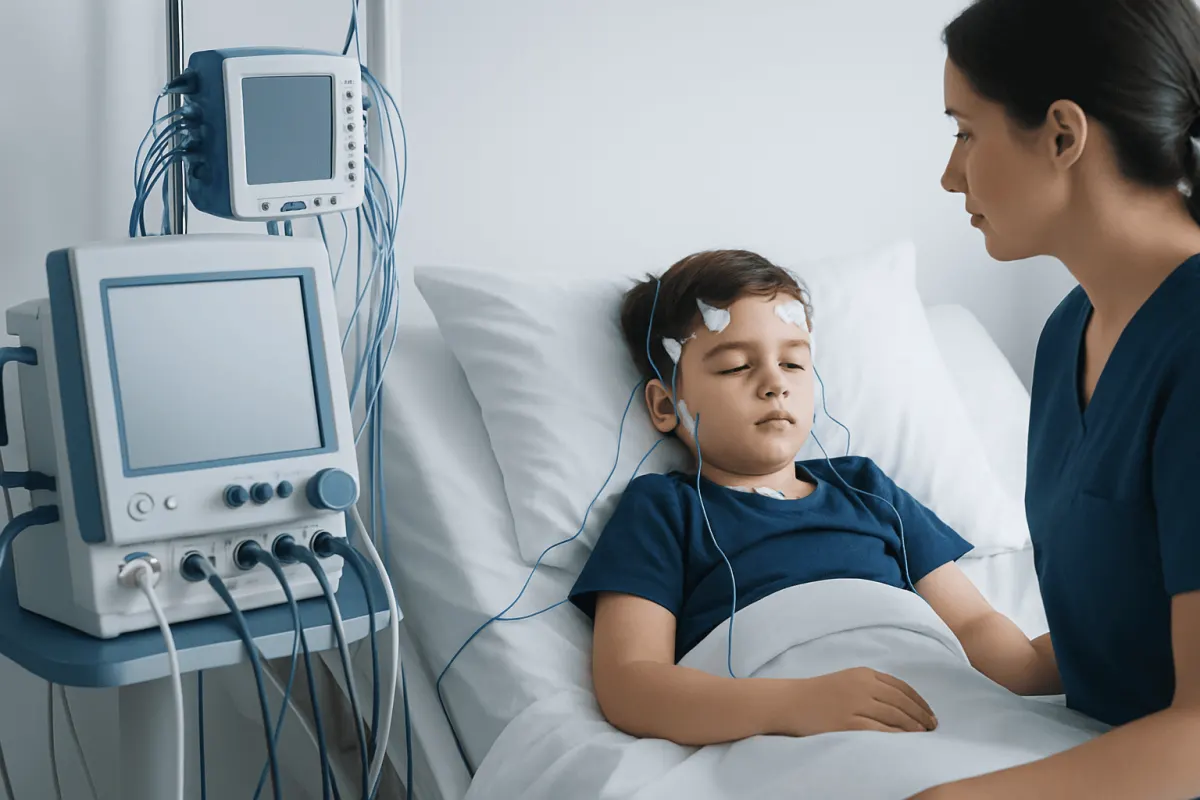 Child in hospital bed connected to medical monitoring devices.