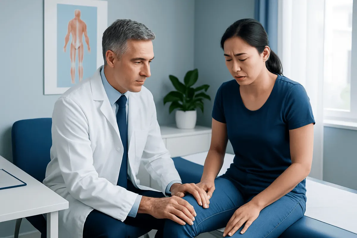 Doctor examining patient's knee for quadriceps muscle issues at Acibadem Hospital.