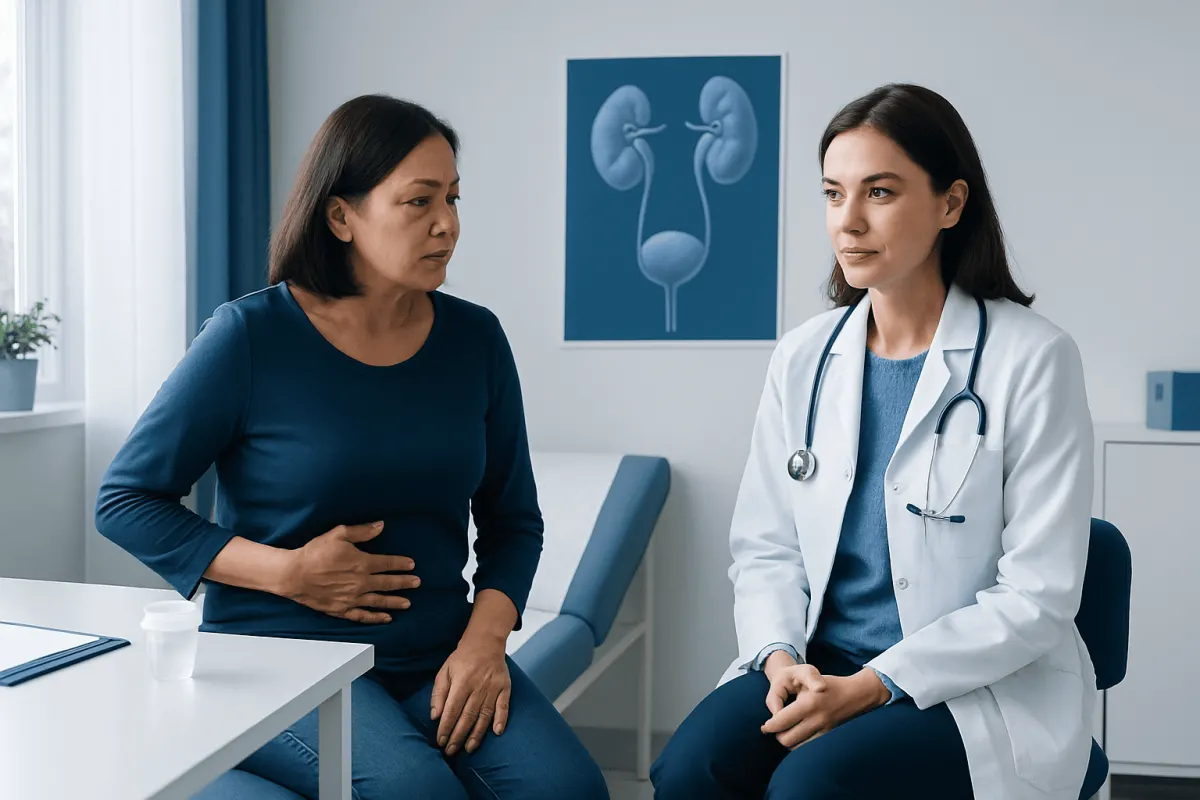 Doctor consulting with patient about urinary health in clinic.