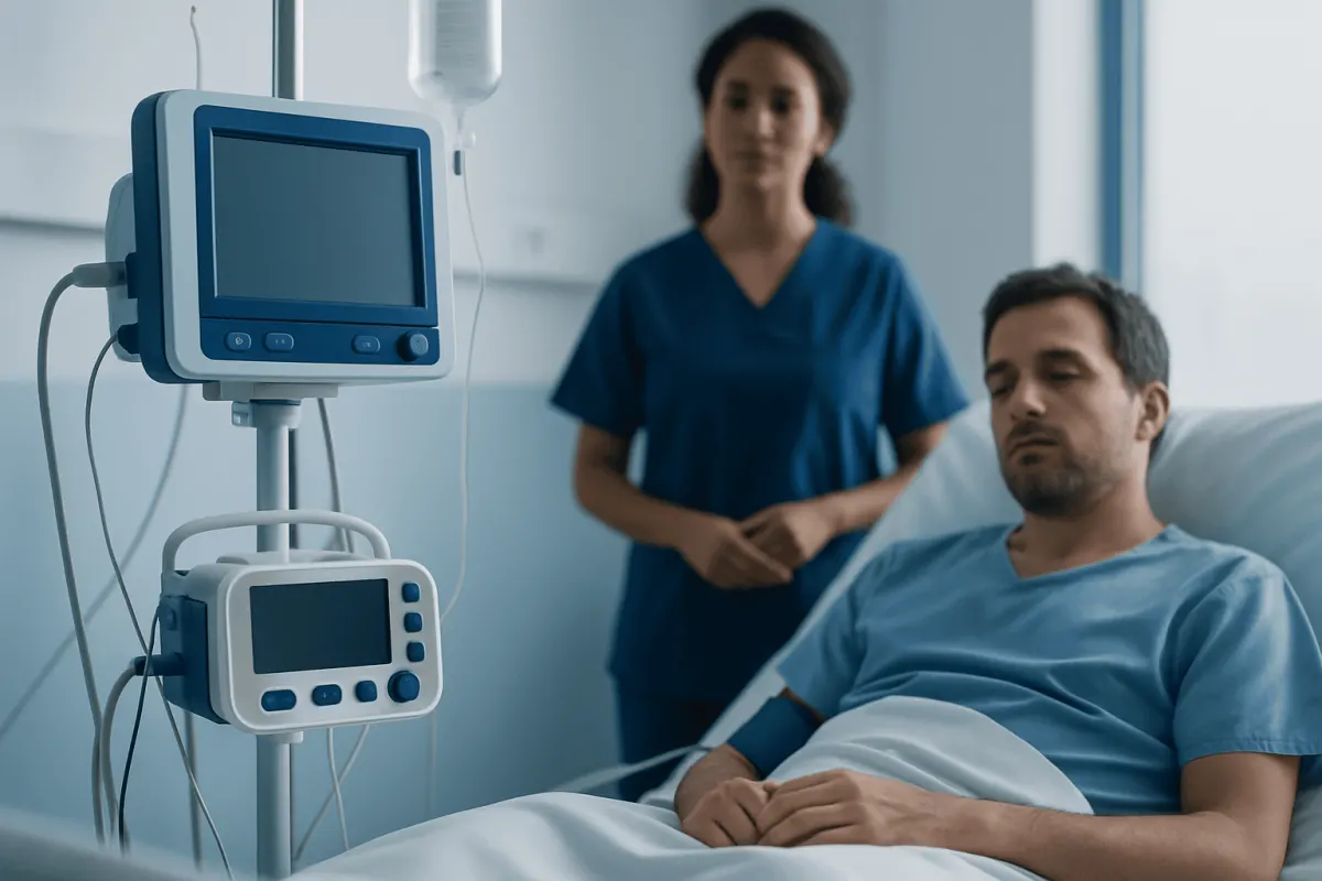 Hospital patient in bed with medical monitor and healthcare professional nearby.