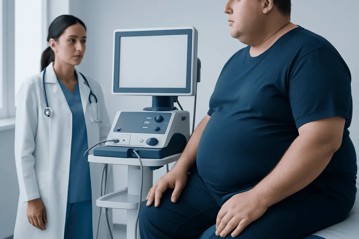 Doctor performing an ultrasound on a patient with obesity in a clinical setting.