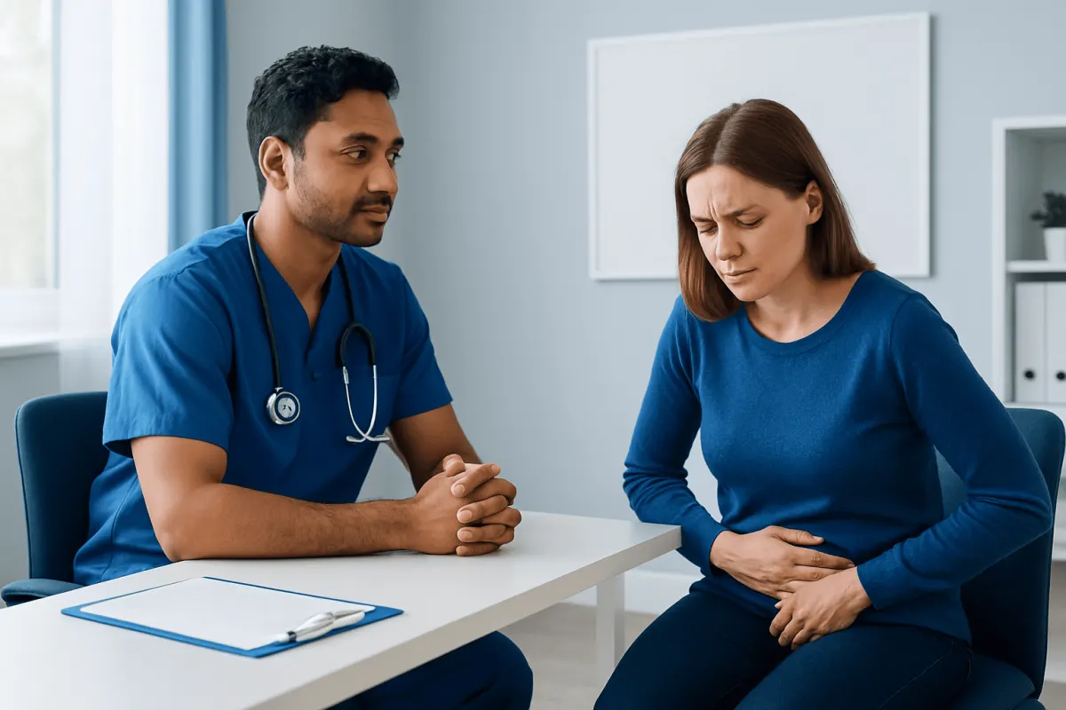 Doctor consulting a woman about health concerns in a medical office.
