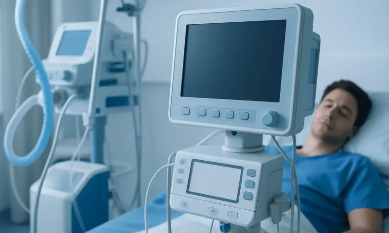 Patient lying in hospital bed with medical monitors and equipment nearby.