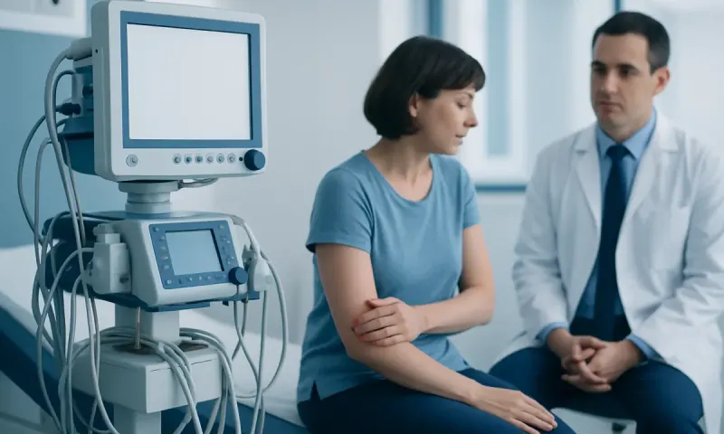Doctor consulting a patient in a medical examination room with medical equipment nearby.