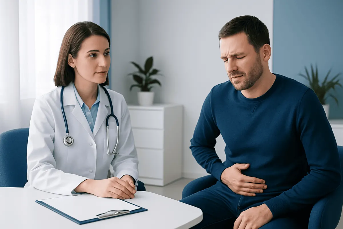 Doctor consulting with patient about stomach pain in a clinic setting.
