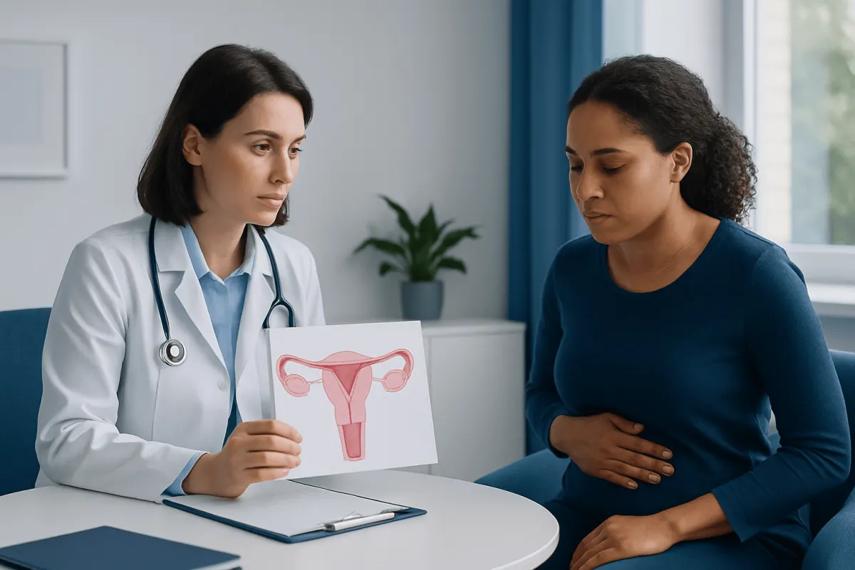 Gynecologist explaining ovarian health to a patient with a diagram.