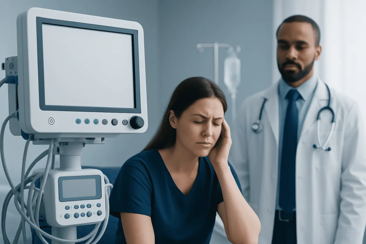 Patient experiencing headache in hospital room with medical equipment.