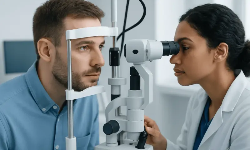 Optometrist examines patient's eye with slit lamp in clinic.