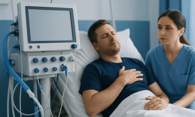 Patient in hospital bed with medical staff and monitoring equipment.