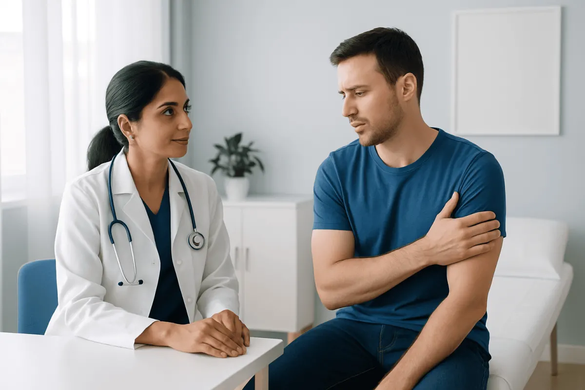 Doctor consulting male patient about shoulder pain in clinic.
