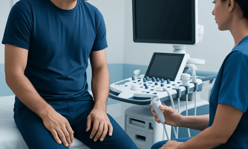 Doctor performing ultrasound examination on male patient in clinic.