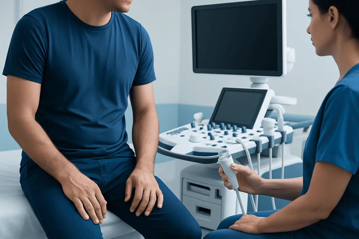 Doctor performing ultrasound examination on male patient in clinic.