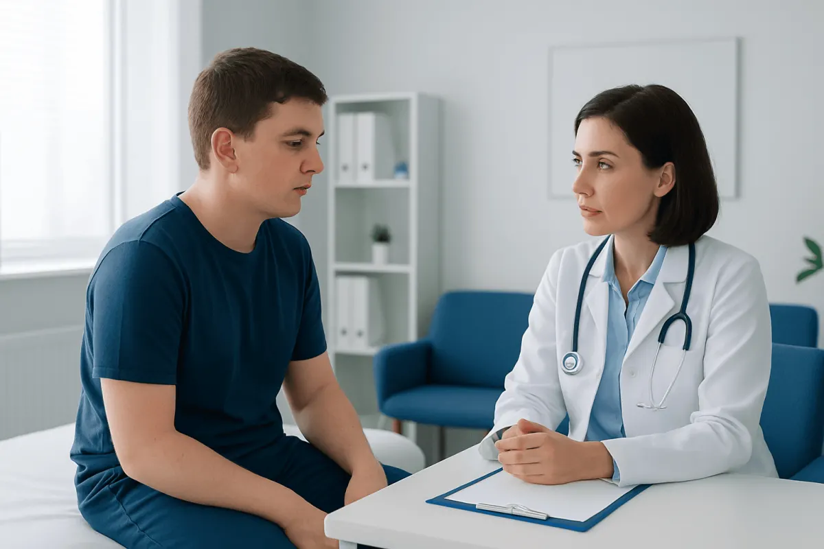 Doctor consulting with a young male patient in a medical office.