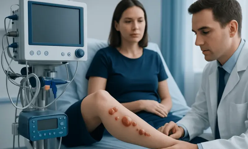 Medical professional examines patient's leg with blistering skin lesions.