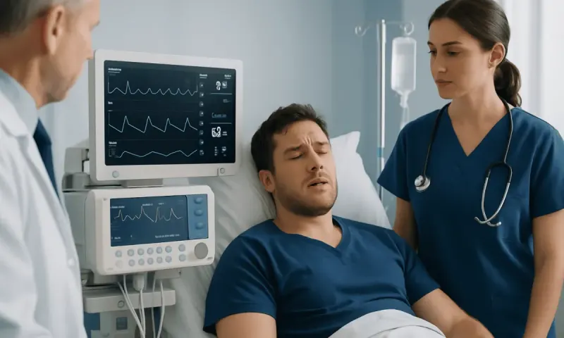 Patient in hospital bed with medical staff monitoring vital signs.