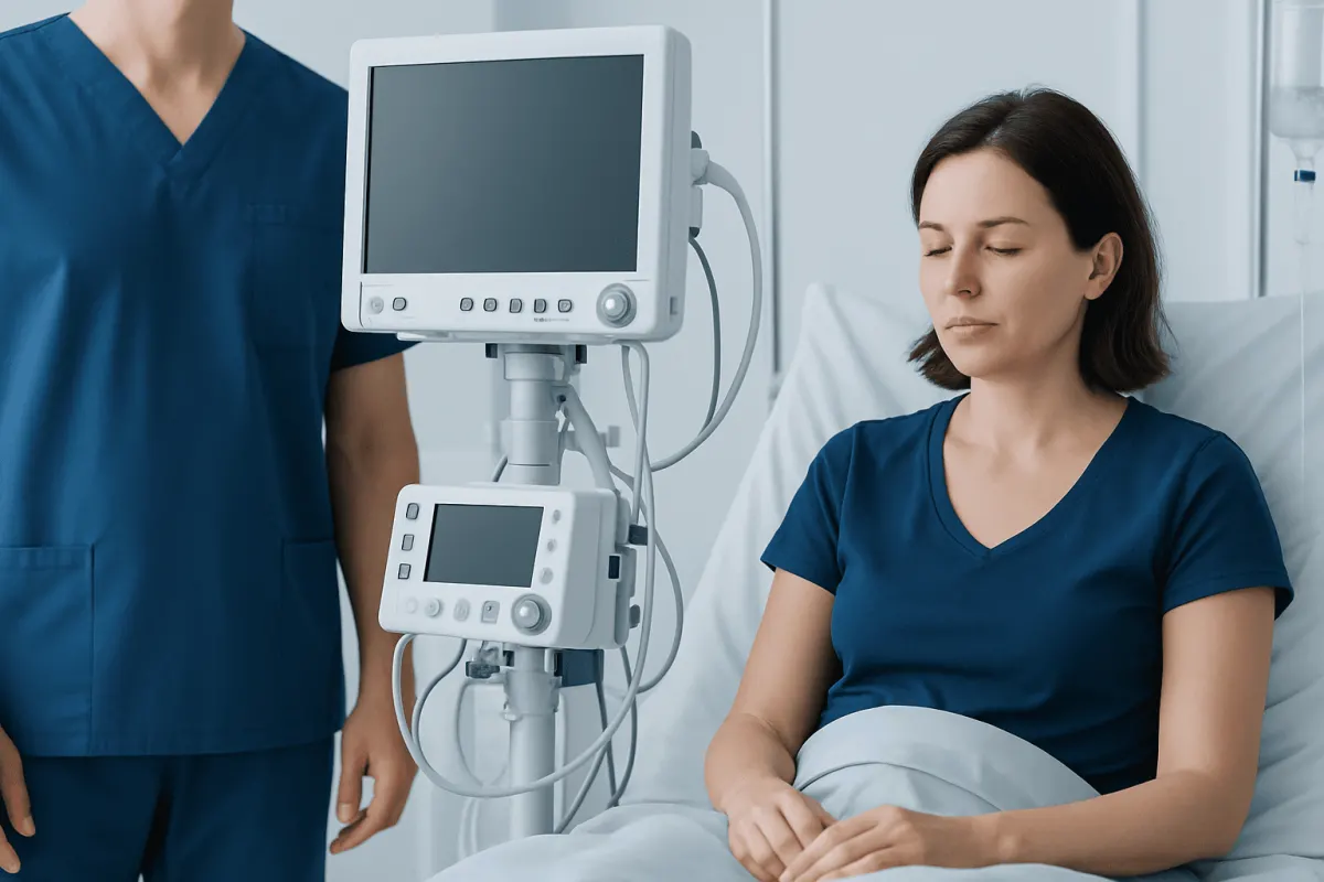 Patient undergoing neurological monitoring in a hospital setting.