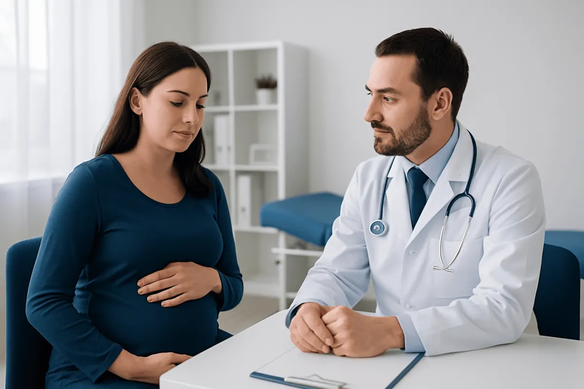 Doctor consulting pregnant woman in a medical office.
