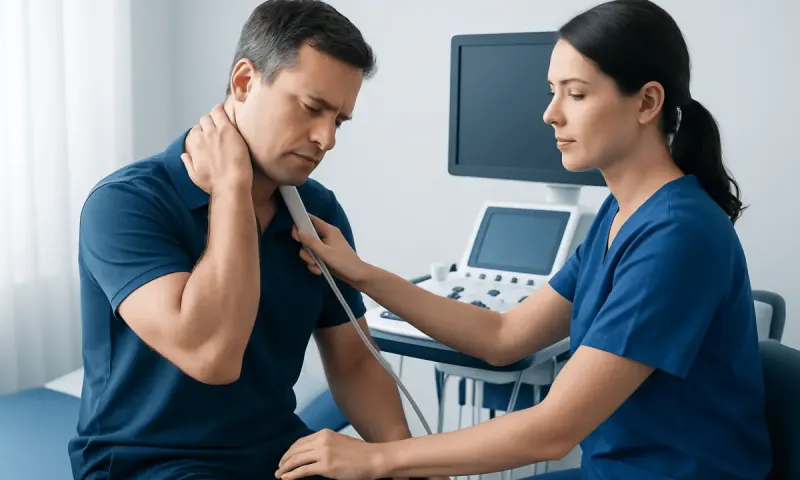 Doctor examining a patient's neck for pinched nerve symptoms.