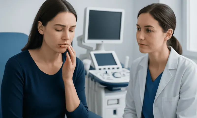 Woman consulting doctor about herpes symptoms in a medical clinic.
