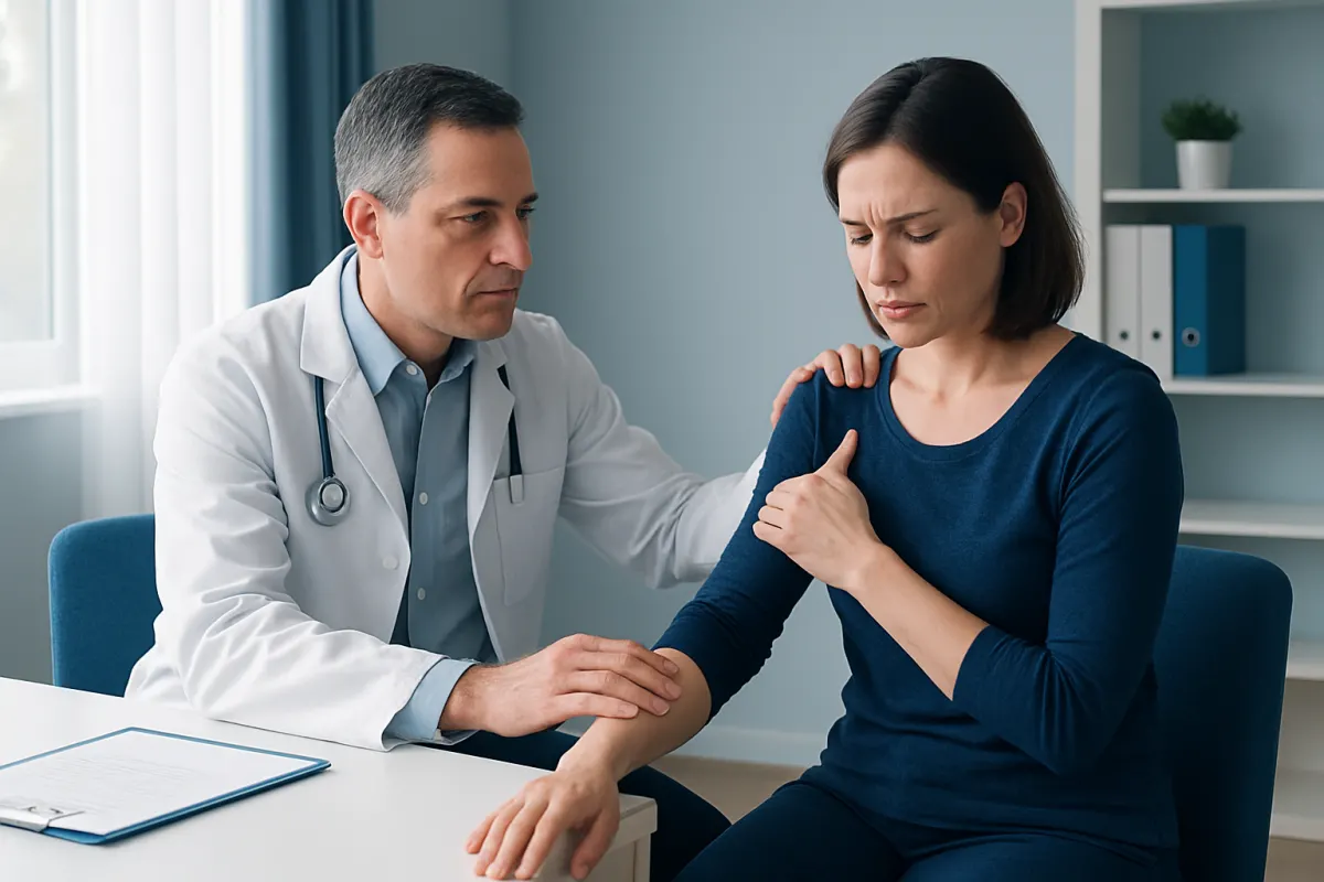 Doctor examining woman's shoulder for pectoral girdle issues.