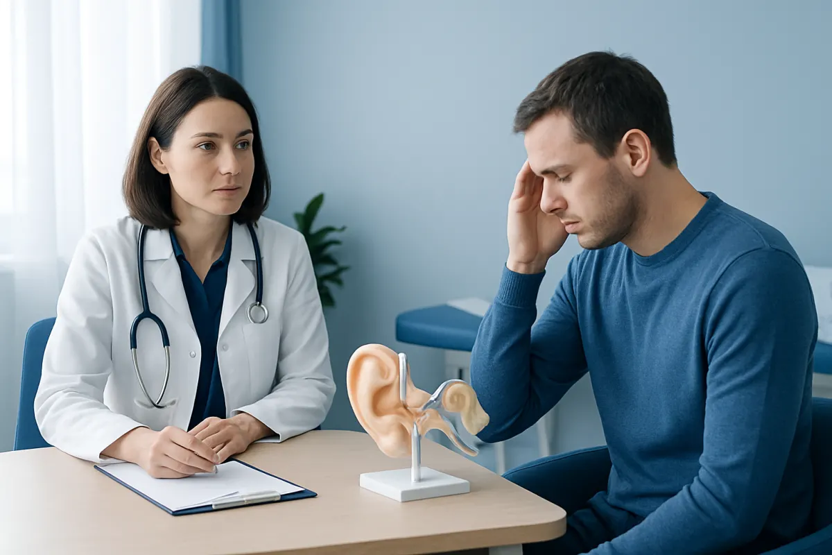 Patient consulting with ENT specialist about ear health and treatment options.