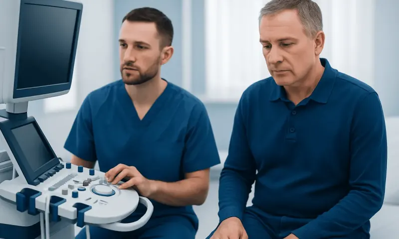 Doctor performing an ultrasound examination on a male patient.