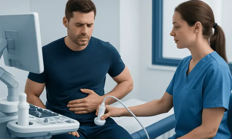 Doctor performs abdominal ultrasound on male patient with stomach pain.