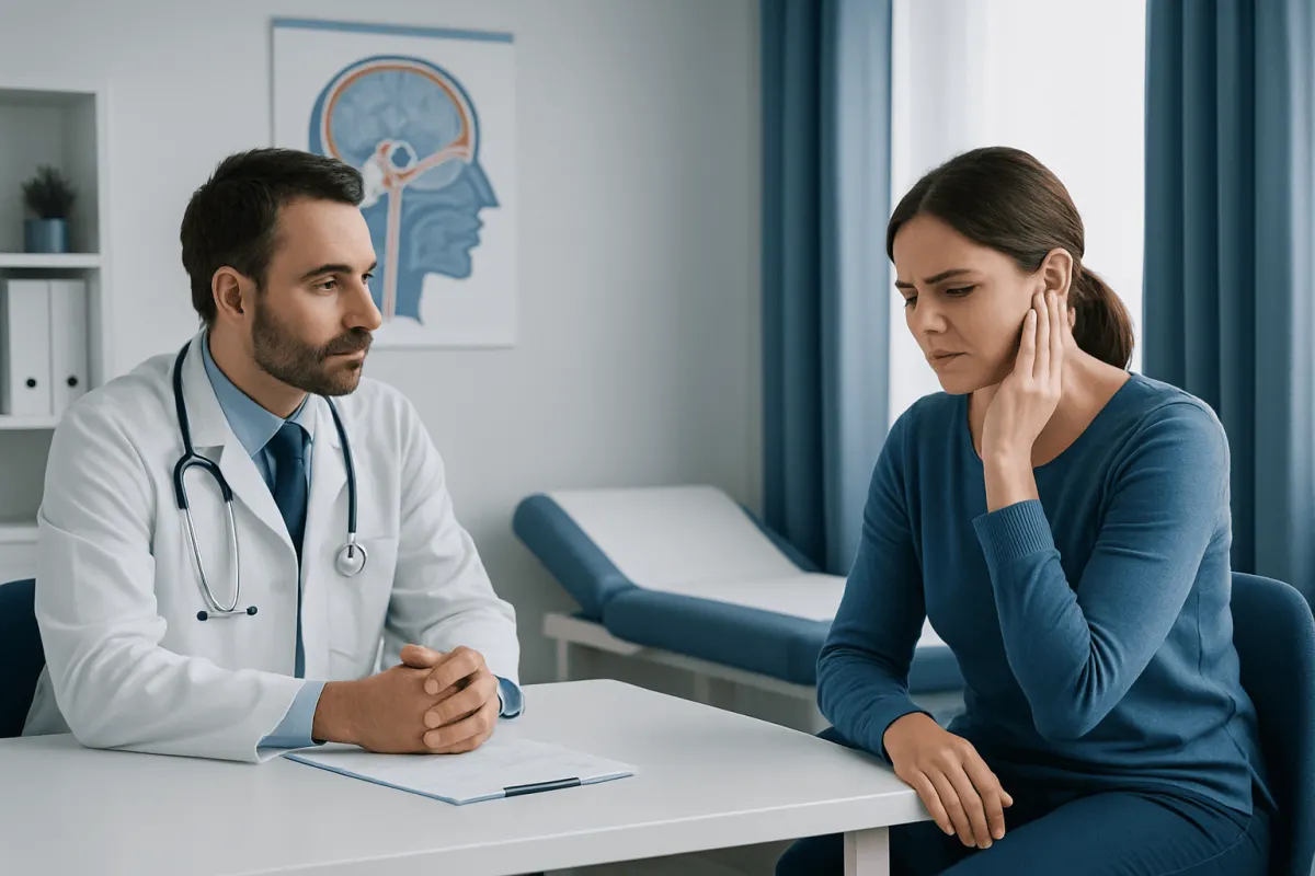 Doctor consulting with a patient about ear pain in a medical office.