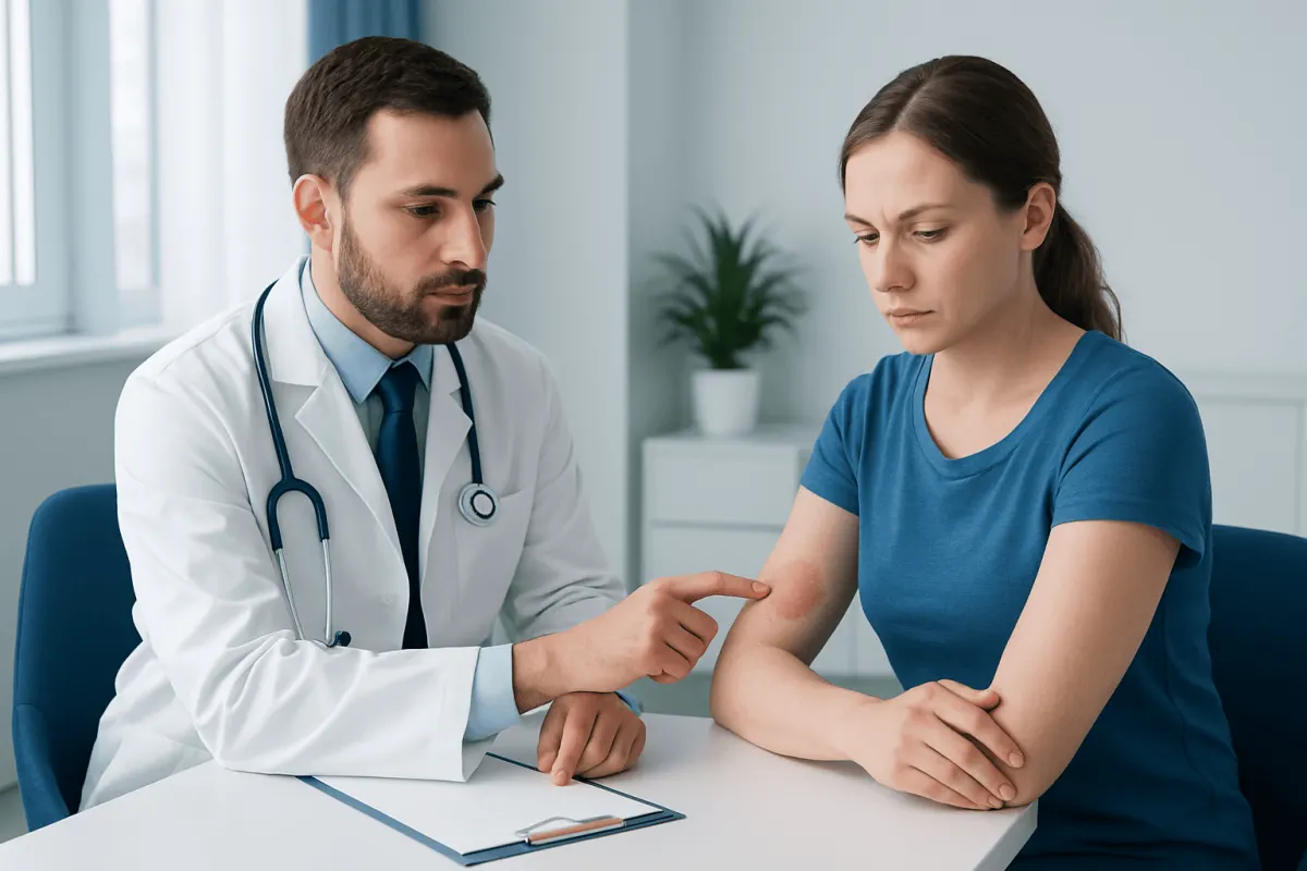 Doctor examining a woman's arm for skin infection or ringworm symptoms.