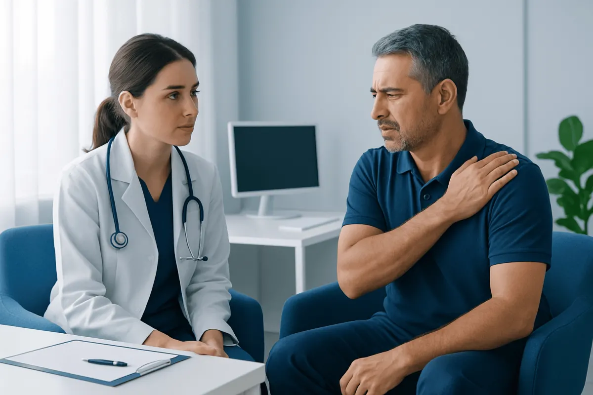 Doctor consulting patient with shoulder pain in clinic setting.
