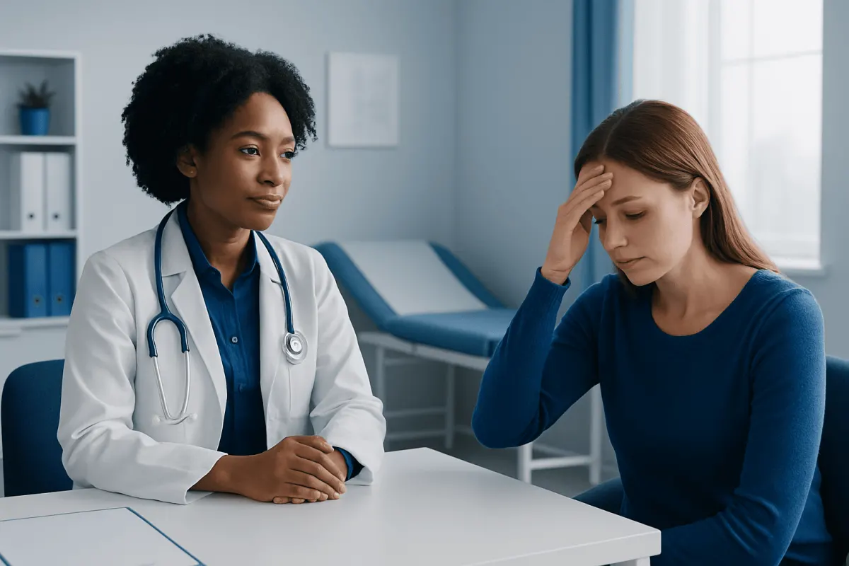 Doctor consulting with a patient about fever symptoms in a hospital room.