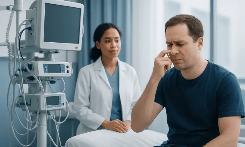 Patient experiencing nasal discomfort in a hospital setting.