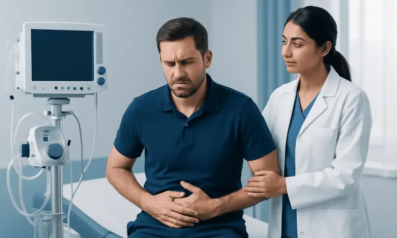 Male patient experiencing stomach pain in a hospital setting.