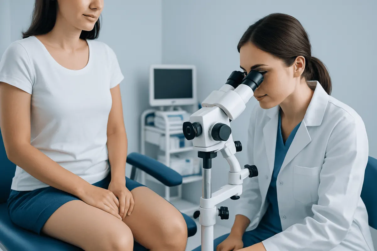 Gynecologist examining patient with microscope in clinic.