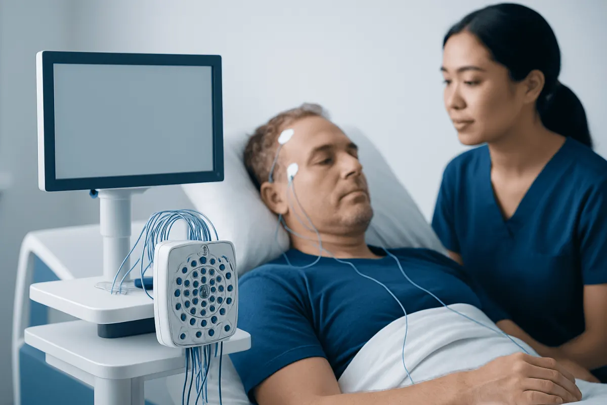 Patient undergoing sleep study with monitoring equipment in hospital.