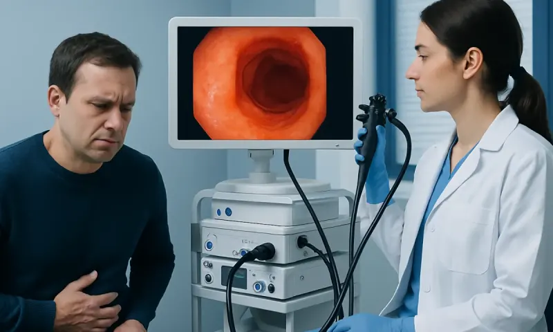 Gastroenterologist performs endoscopy on patient with monitor showing stomach interior.